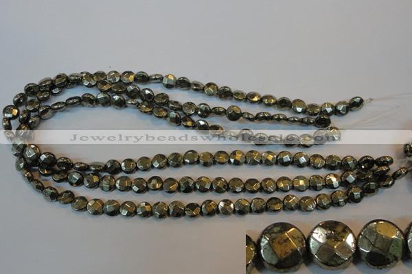 CPY341 15.5 inches 8mm faceted coin pyrite gemstone beads wholesale