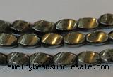 CPY345 15.5 inches 6*10mm twisted rice pyrite gemstone beads wholesale