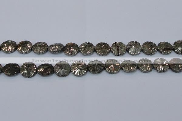 CPY660 15.5 inches 15mm carved flower pyrite gemstone beads