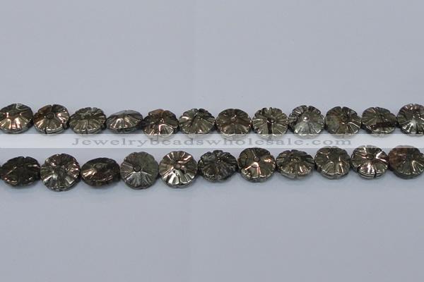 CPY661 15.5 inches 16mm carved flower pyrite gemstone beads