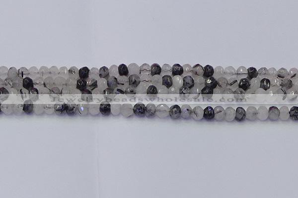 CRB1816 15.5 inches 4*6mm faceted rondelle black rutilated quartz beads