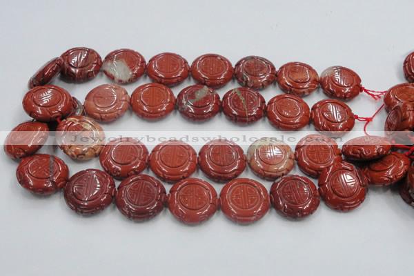 CRE20 16 inches 25mm carved coin natural red jasper beads wholesale