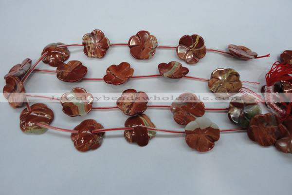 CRE62 15.5 inches 24mm carved flower red jasper beads wholesale