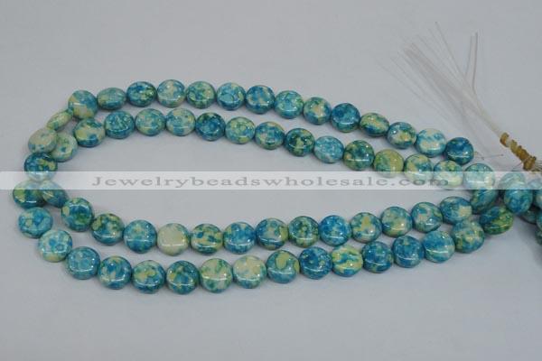 CRF117 15.5 inches 12mm flat round dyed rain flower stone beads