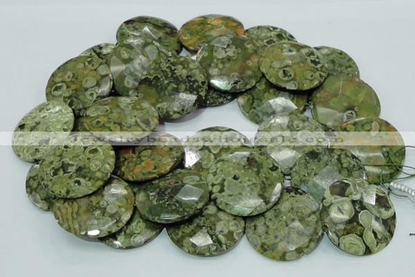 CRH109 15.5 inches 30mm faceted flat round rhyolite beads wholesale