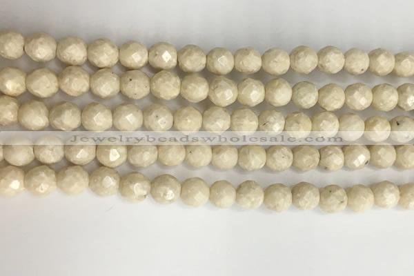 CRJ627 15.5 inches 6mm faceted round white fossil jasper beads