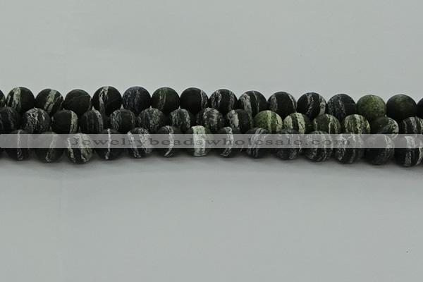 CRO1124 15.5 inches 12mm round matte green silver line jasper beads