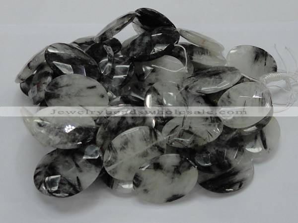 CRU19 15.5 inches 22*30mm faceted oval black rutilated quartz beads