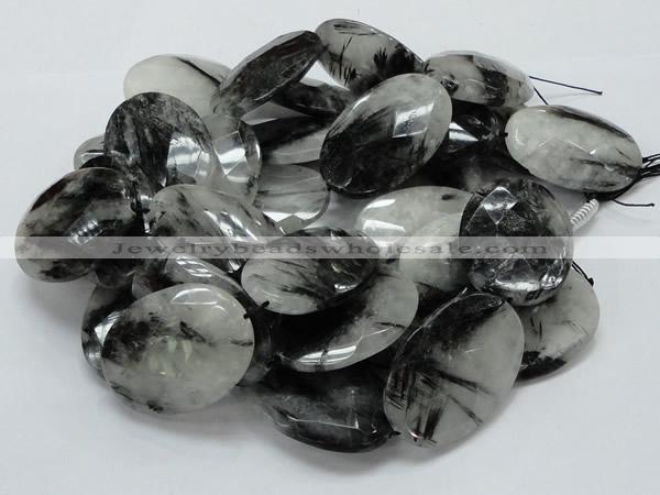 CRU21 15.5 inches 35*50mm faceted oval black rutilated quartz beads