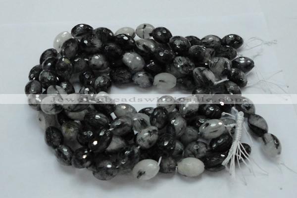 CRU25 15.5 inches 12*16mm faceted egg-shaped black rutilated quartz beads