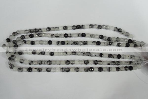 CRU312 15.5 inches 6mm faceted round black rutilated quartz beads