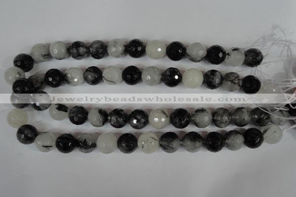 CRU316 15.5 inches 14mm faceted round black rutilated quartz beads