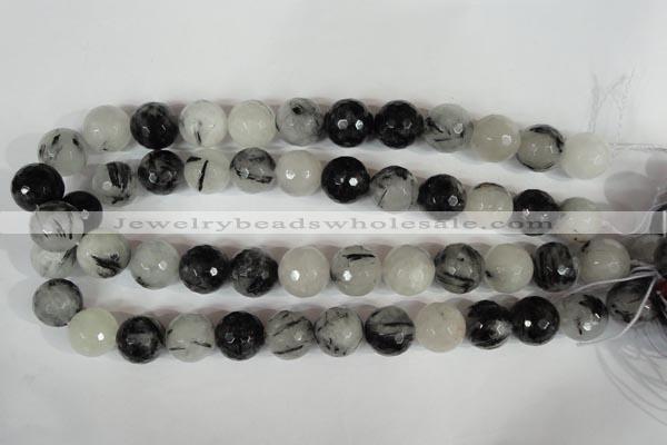 CRU317 15.5 inches 16mm faceted round black rutilated quartz beads