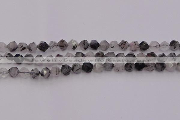 CRU512 15.5 inches 8mm faceted nuggets black rutilated quartz beads