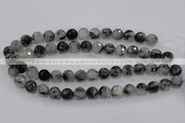 CRU61 15.5 inches 14mm faceted round black rutilated quartz beads