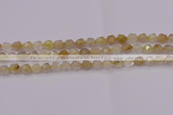 CRU622 15.5 inches 8mm faceted nuggets golden rutilated quartz beads