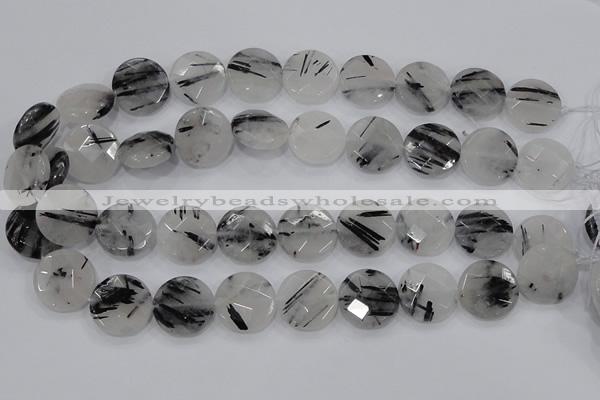 CRU94 15.5 inches 20mm faceted coin black rutilated quartz beads