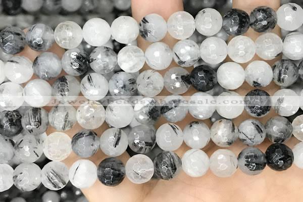 CRU958 15.5 inches 8mm faceted round black rutilated quartz beads