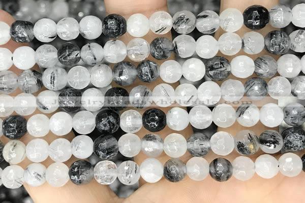 CRU966 15.5 inches 6mm faceted round black rutilated quartz beads