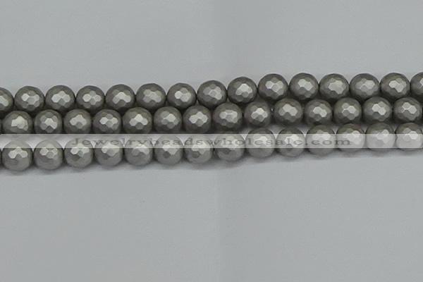 CSB1955 15.5 inches 14mm faceted round matte shell pearl beads