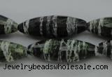 CSJ108 15.5 inches 10*30mm faceted rice green silver line jasper beads