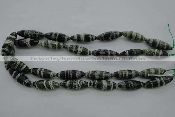 CSJ108 15.5 inches 10*30mm faceted rice green silver line jasper beads