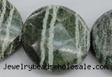 CSJ125 15.5 inches 40mm faceted coin green silver line jasper beads