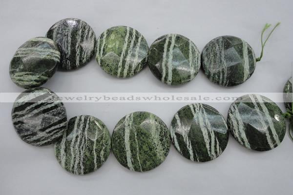 CSJ125 15.5 inches 40mm faceted coin green silver line jasper beads