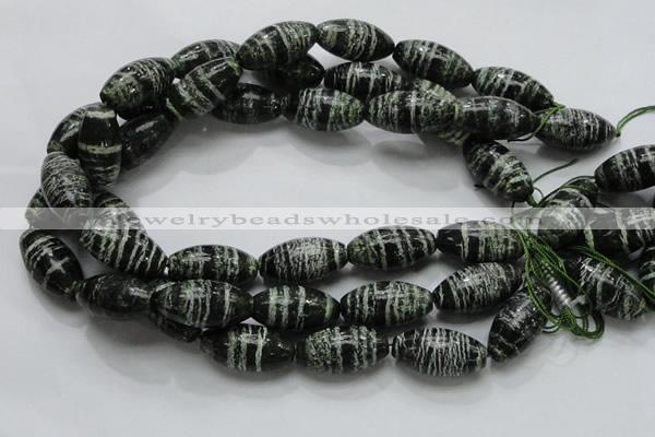 CSJ20 15.5 inches 15*30mm rice green silver line jasper beads