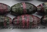 CSJ274 15.5 inches 15*30mm rice dyed green silver line jasper beads