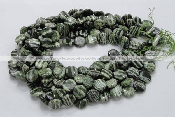 CSJ43 15.5 inches 15mm flat round green silver line jasper beads