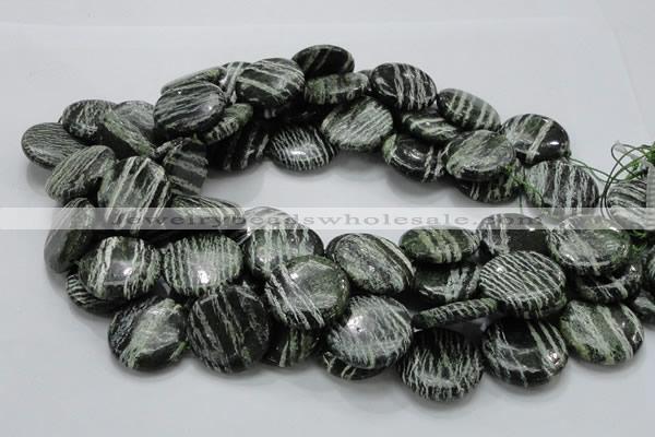 CSJ45 15.5 inches 25mm flat round green silver line jasper beads