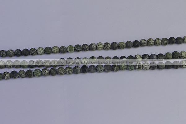 CSJ501 15.5 inches 6mm round matte green silver line jasper beads