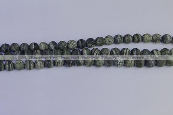 CSJ502 15.5 inches 8mm round matte green silver line jasper beads