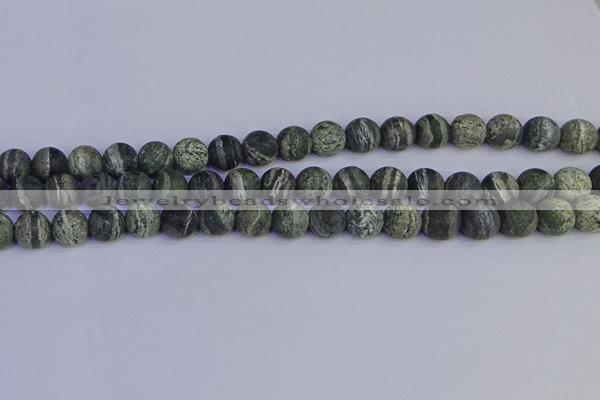 CSJ503 15.5 inches 10mm round matte green silver line jasper beads