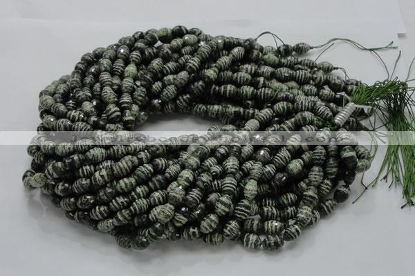 CSJ70 15.5 inches 7*11mm faceted rice green silver line jasper beads