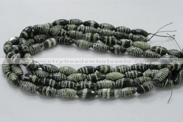 CSJ72 15.5 inches 10*20mm faceted rice green silver line jasper beads