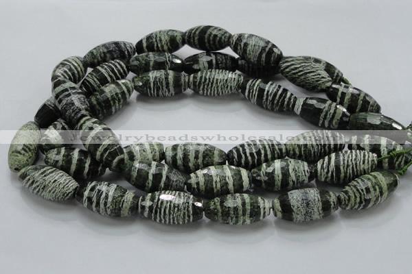 CSJ75 15.5 inches 15*30mm faceted rice green silver line jasper beads