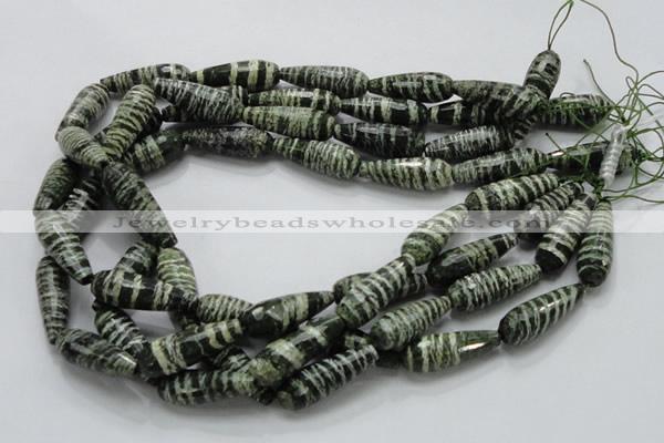 CSJ76 15.5 inches 10*30mm faceted teardrop green silver line jasper beads