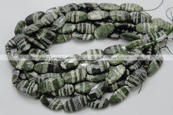 CSJ80 15.5 inches 15*30mm faceted oval green silver line jasper beads