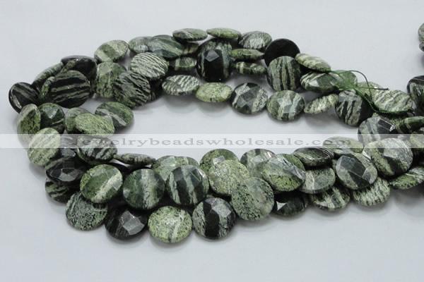 CSJ82 15.5 inches 18mm faceted flat round green silver line jasper beads