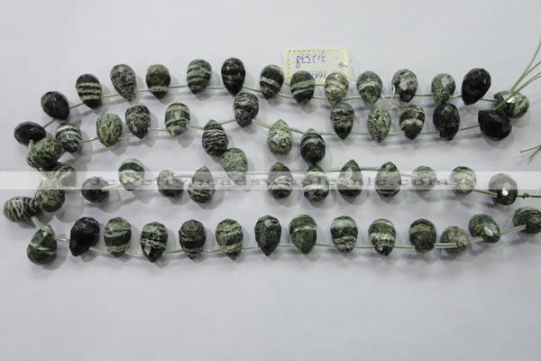 CSJ86 Top-drilled 10*14mm faceted teardrop green silver line jasper beads