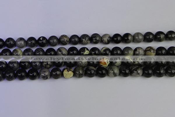 CSL214 15.5 inches 12mm round black silver leaf jasper beads