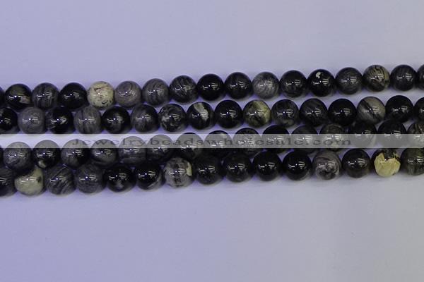 CSL215 15.5 inches 14mm round black silver leaf jasper beads