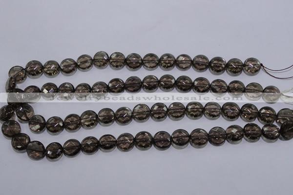 CSQ124 12mm faceted flat round grade AA natural smoky quartz beads