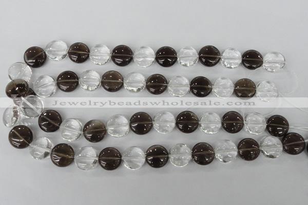 CSQ151 15.5 inches 15mm flat round white crystal & smoky quartz beads