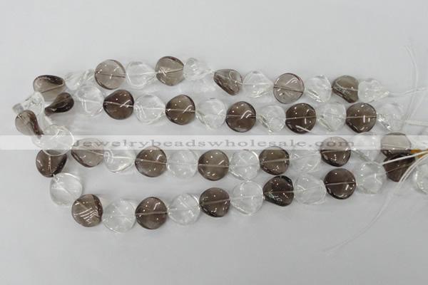 CSQ153 15.5 inches 16mm twisted coin white crystal & smoky quartz beads