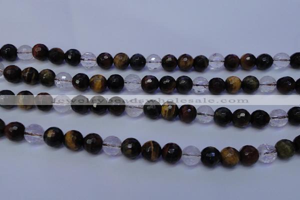 CTE1132 15 inches 8mm faceted round mixed tiger eye & white crystal beads