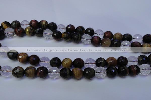 CTE1133 15 inches 10mm faceted round mixed tiger eye & white crystal beads