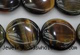 CTE1351 15.5 inches 25mm flat round yellow & blue tiger eye beads